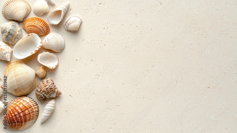Tall conch shell partially buried in golden sand, gentle waves in the blurred background, minimal and stylish. Tall conch shell partially buried in golden sand, gentle waves in the blurred background, minimal and stylish.