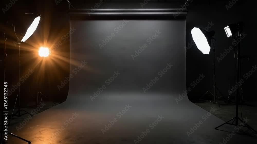 The photo studio is a vibrant space filled with various backdrops, props, and lighting equipment.