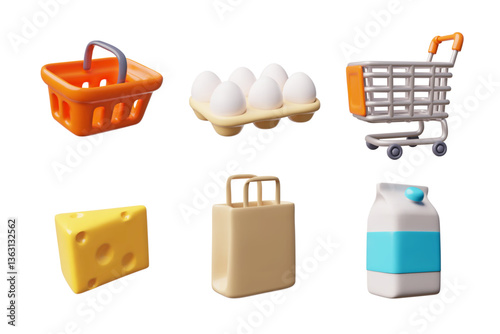 3d vector of the supermarket: grocery basket, a cart, milk, eggs, cheese, a craft bag