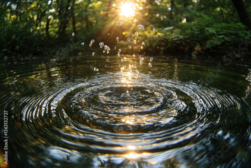 Close-up: Water drop reflects sunlight. photo