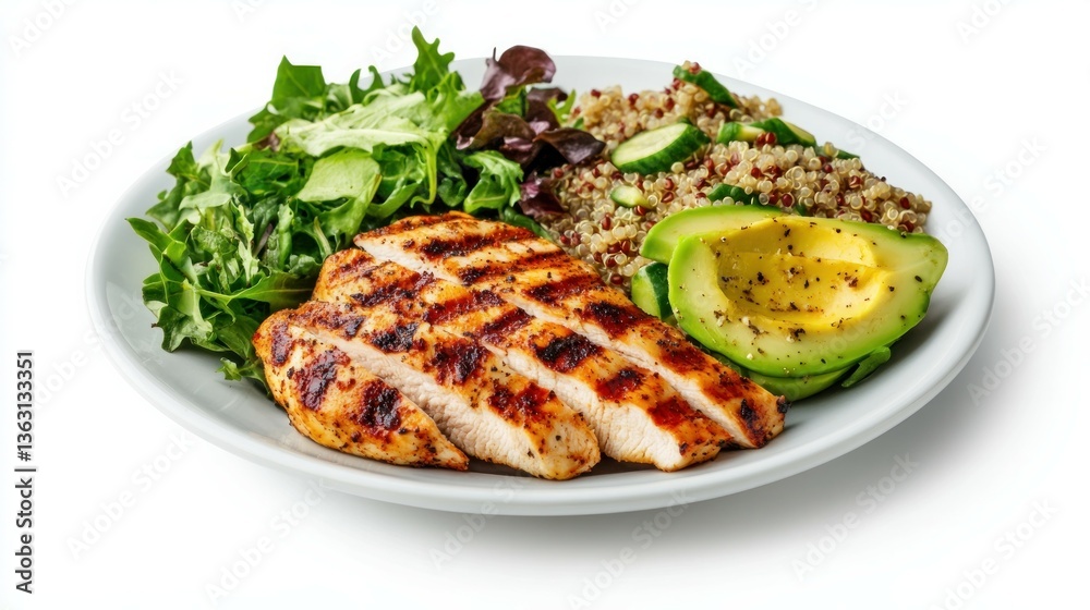 Grilled chicken salad with avocado, quinoa, greens, and cucumbers on white plate.