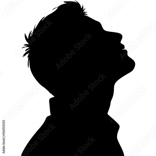Silhouette of man looking up in profile on white background
