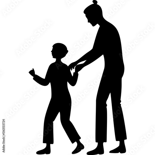 Silhouette of adult helping child walk on white background

