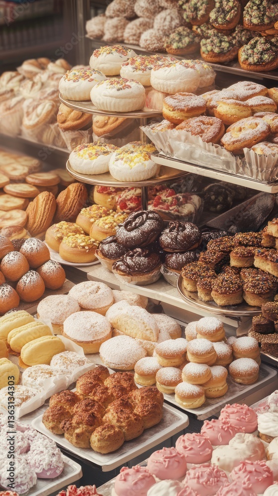 A bakery display showing various delicious pastries and desserts for sale A bakery display showing various delicious pastries and desserts for sale