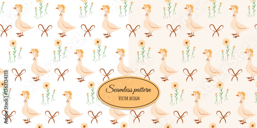 Seamless pattern with a cute goose in a hat, hand-drawn in a modern style. Vector flat illustration in vintage style.