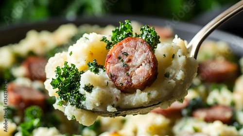 Close Up Shot of Spoonful of Traditional Dutch Stamppot with Sausage and Greens on a Silver Spoon photo