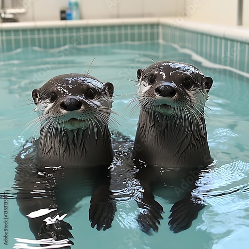 Otters in pool, indoor enclosure photo