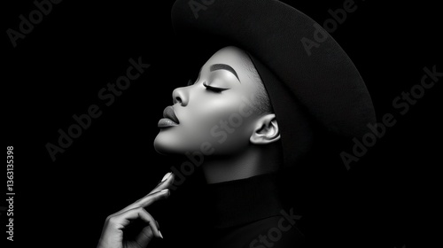 Serene Black And White Portrait Of A Woman In A Textured Hat