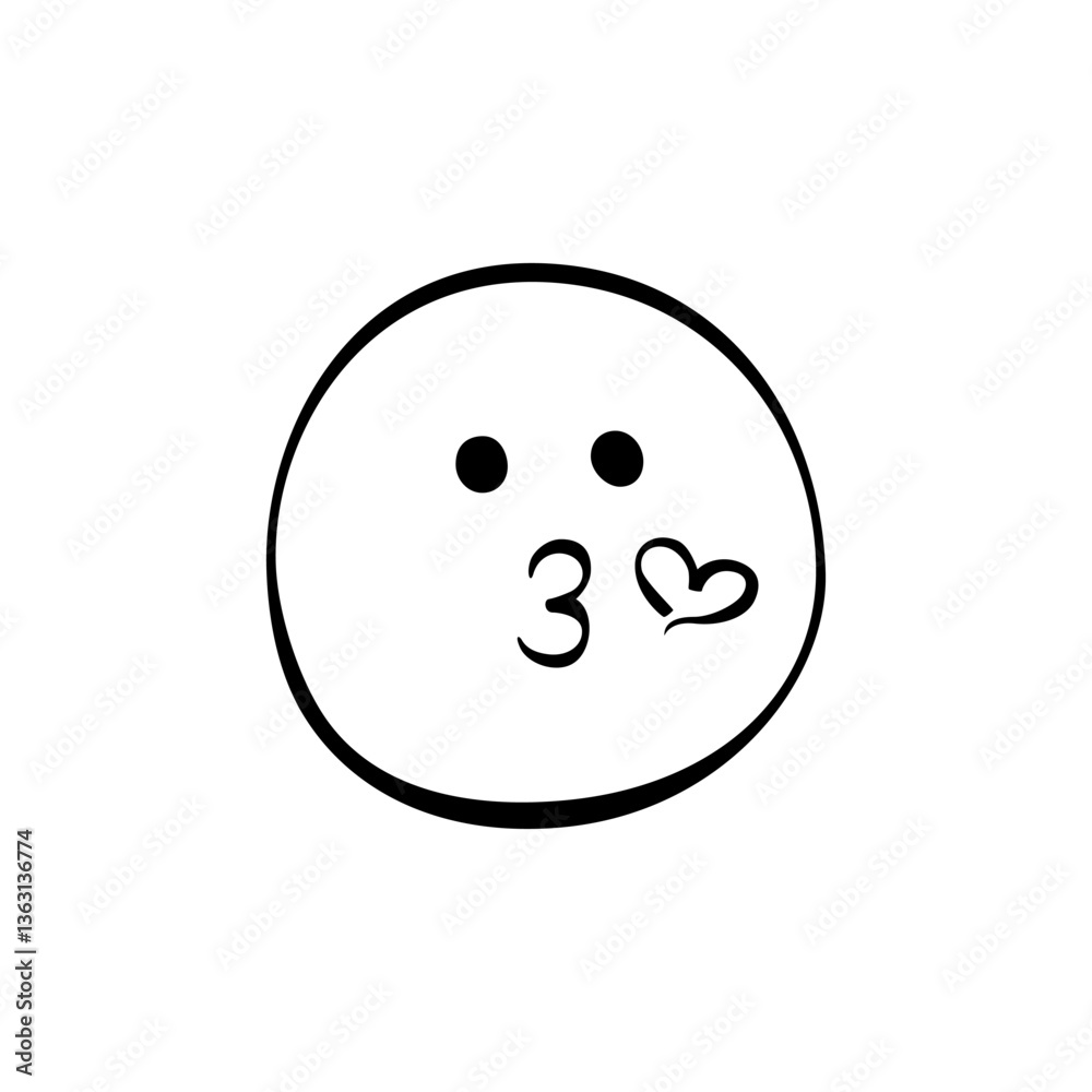 Fototapeta premium Cute smiley face blowing a kiss with a heart in a simple sketch on a white background