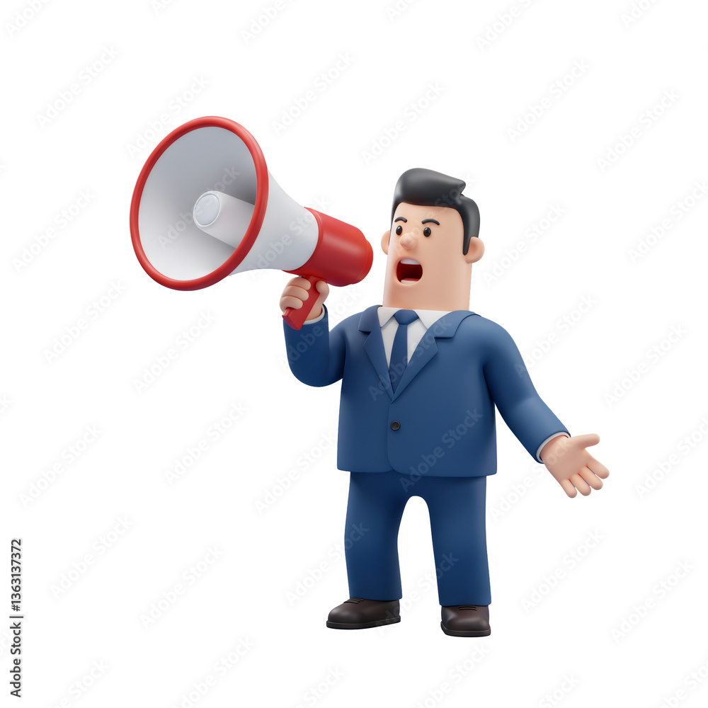 3D Render of Businessman in Blue Suit Shouting into Red Megaphone 3D Render of Businessman in Blue Suit Shouting into Red Megaphone