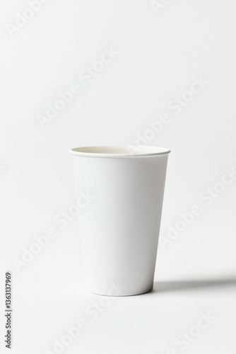 Plain white paper cup on a minimalist white background.