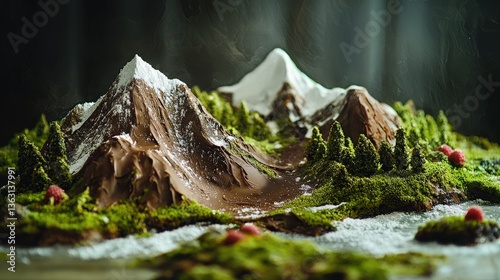 Whimsical edible landscape with chocolate mountains and frosted moss