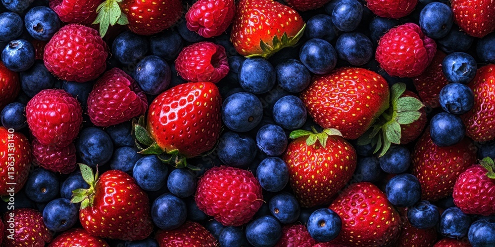 Fototapeta premium Fresh blueberries and strawberries background 