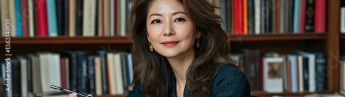 Woman in library with books background.