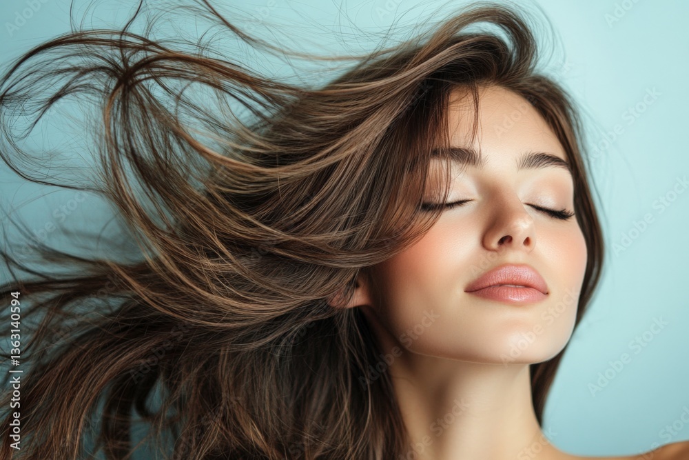 Obraz premium Woman with flowing hair against a soft blue background, capturing a serene moment of beauty and tranquility in natural light