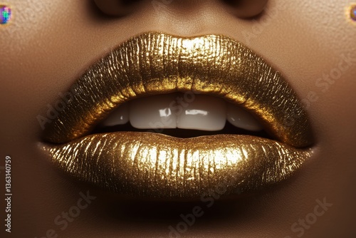 Close up of lips with golden metallic lipstick	
