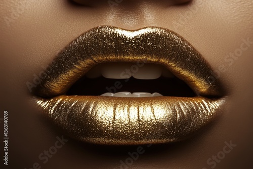 Close up of lips with golden metallic lipstick	