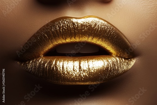 Close up of lips with golden metallic lipstick	