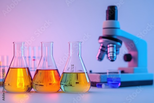 Laboratory flasks with colored liquids and microscope	