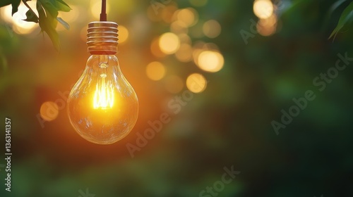 Light bulb hanging outdoors in evening sunlight	