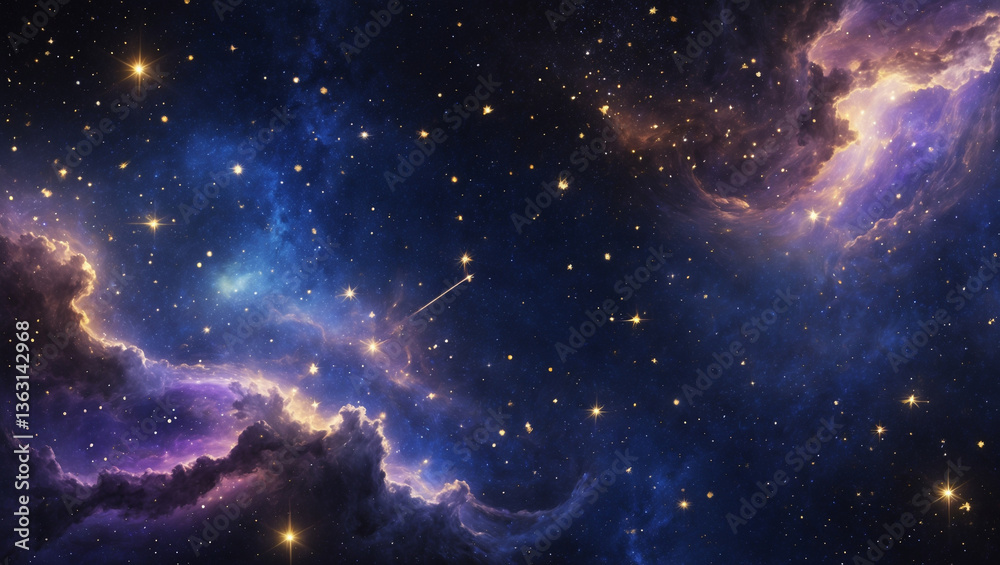 Obraz premium A cosmic ballet of nebulae and starlight, a breathtaking celestial dance across a deep blue canvas with vibrant purple and gold hues.