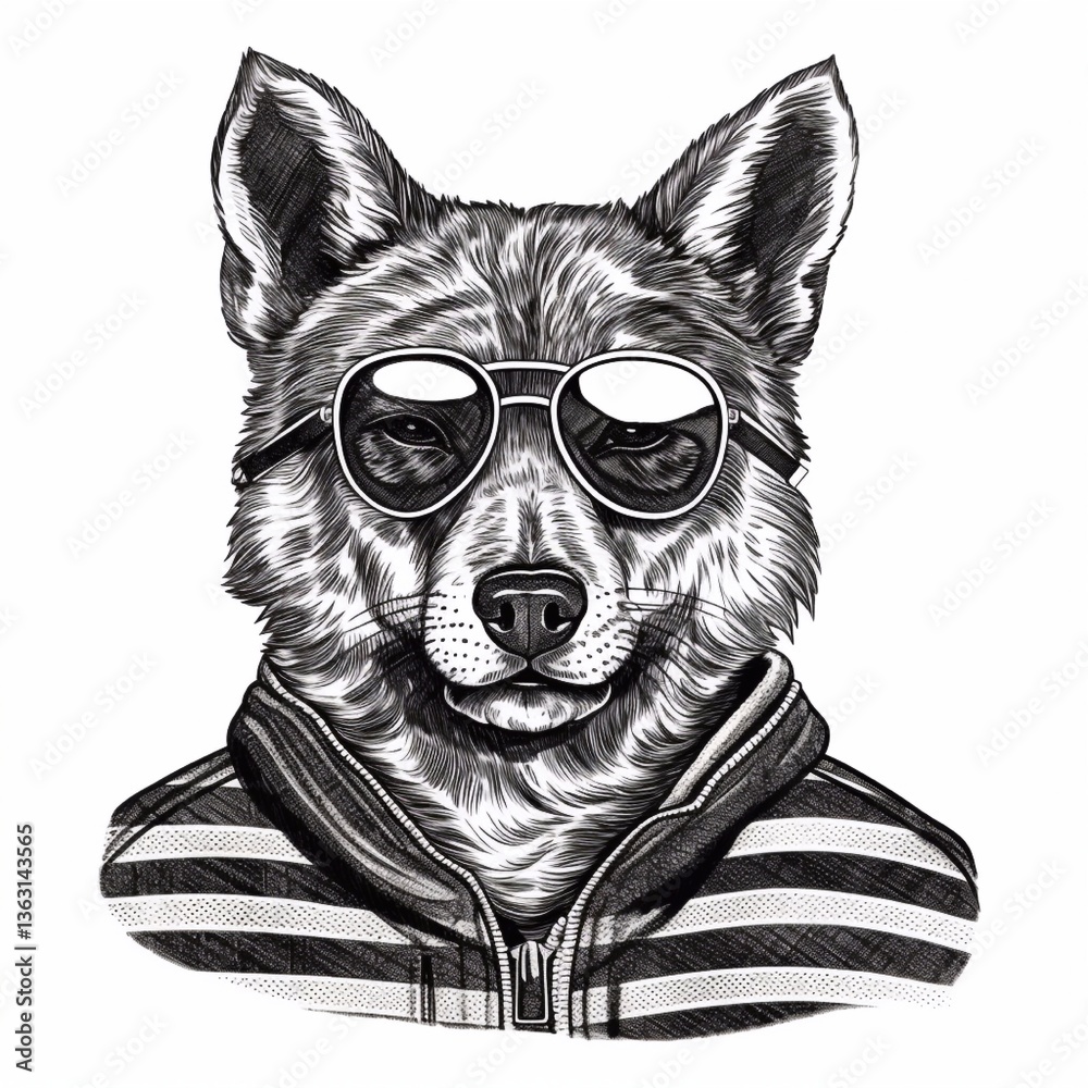 Fototapeta premium Dog in a striped sweater wearing sunglasses. Generative AI