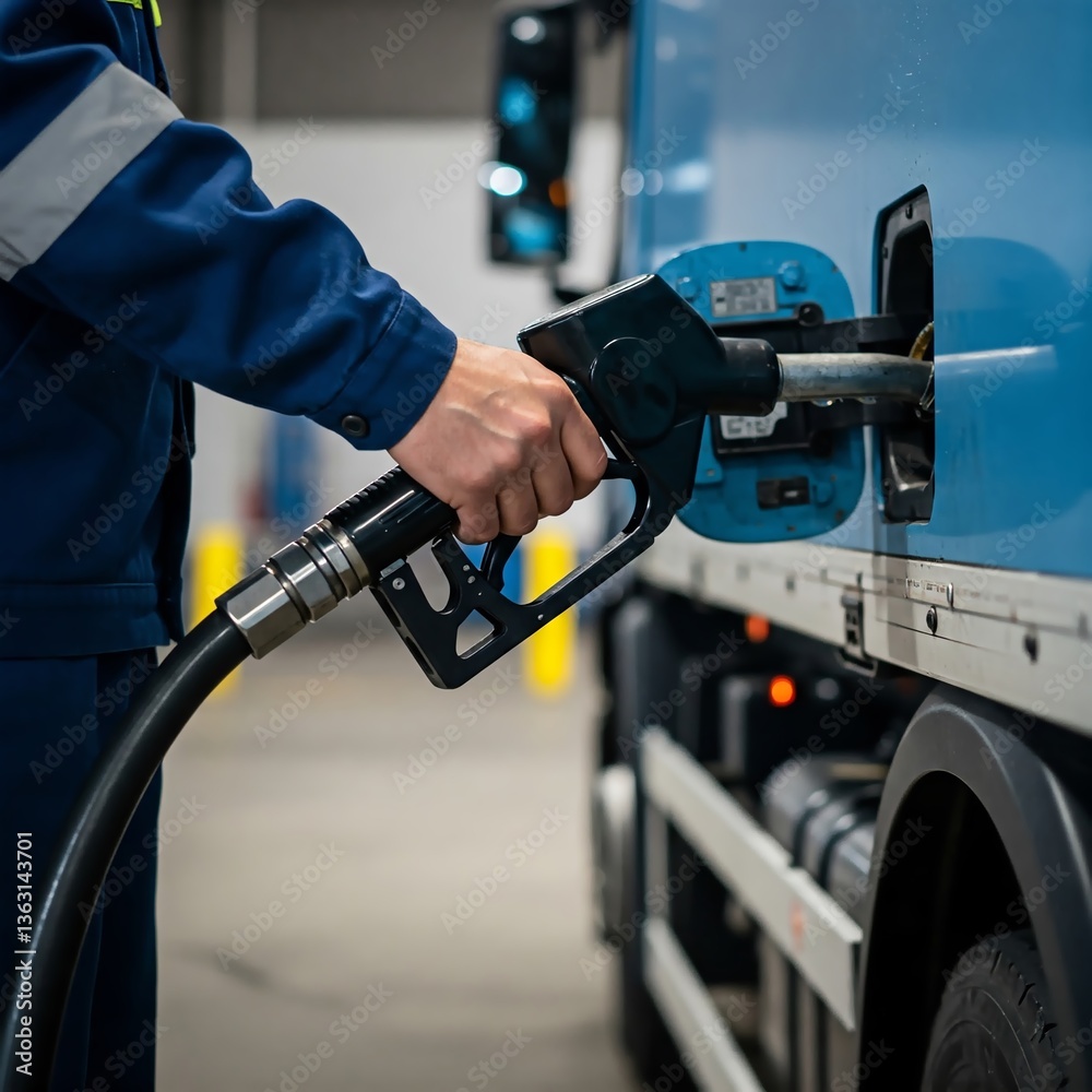 Close up of a colorful truck being refueled at a gas station. The fuel nozzle is inserted, focusing on the worker's hands, emphasizing logistics and transportation. Close up of a colorful truck being refueled at a gas station. The fuel nozzle is inserted, focusing on the worker's hands, emphasizing logistics and transportation.