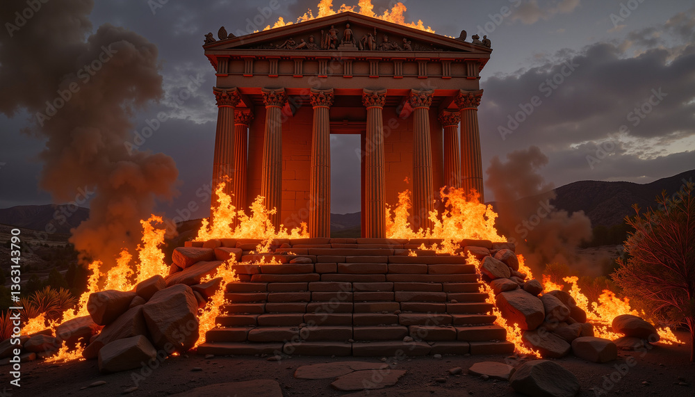Fototapeta premium Ancient temple engulfed in flames at twilight 