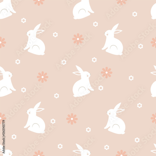 Seamless vector pattern with cute white rabbits on a floral background.