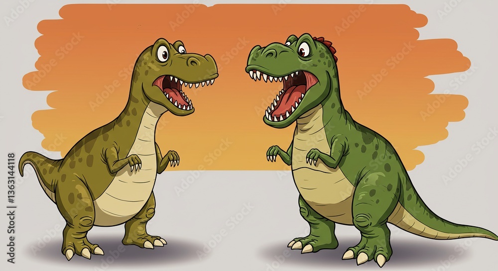 Fototapeta premium Two Roaring Cartoon Dinosaurs - Playful Prehistoric Illustration.