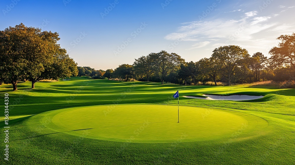 Naklejka premium Sunlit Golf Course Putting Green, Autumn