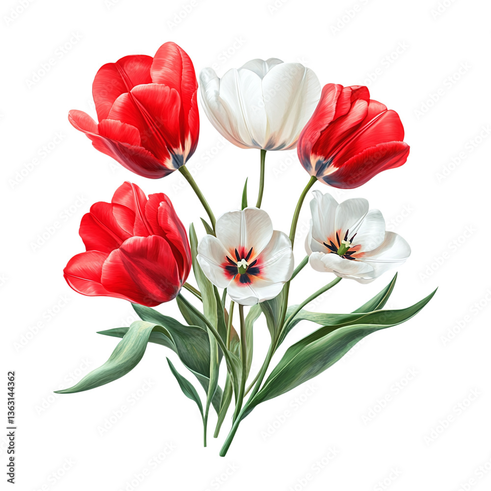Fototapeta premium Red and white tulips arranged in a vibrant floral composition - artistic nature display, isolated on a white transparent background