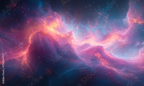 Cosmic landscape of vibrant nebulae. Swirling clouds of pink, orange, and blue gases illuminate the dark space.