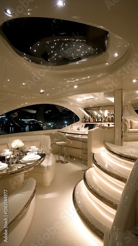 Interior view of luxurious yacht with elegant dining area