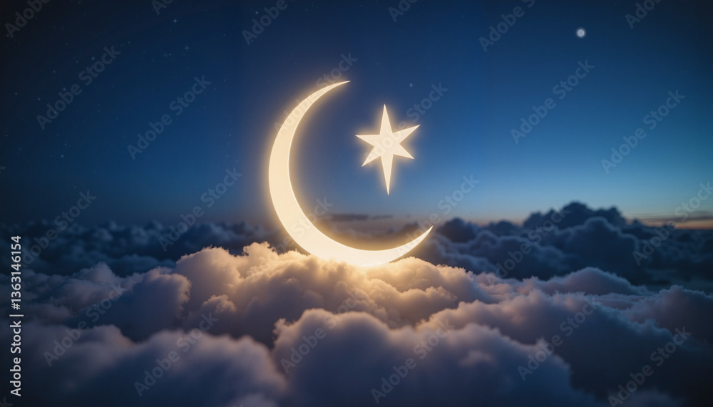 Naklejka premium Glowing crescent moon and star floating above clouds at night 