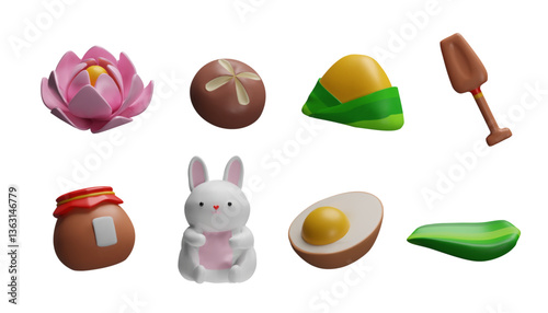 A set of 3d icons for the Duan Festival with zongzi, paddle, lotus, hare