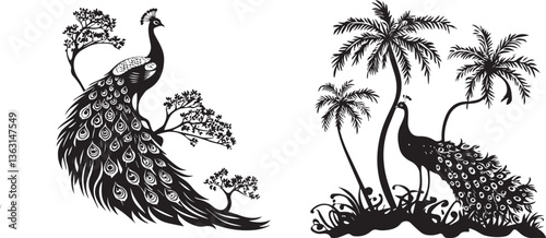 Two Peacock with feather forest silhouette vector