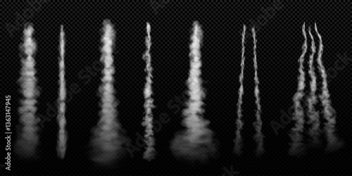 Rocket smoke vertical trails with vapor vector set, white fume jet airplane launch trace, gas fog steam, clouds flow