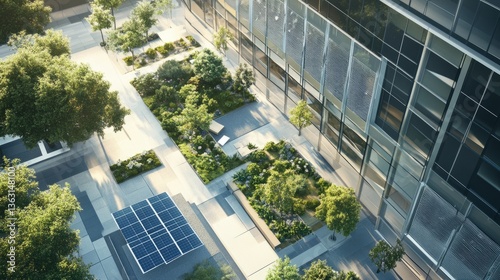 Corporate office building with a lush rooftop garden, large solar panel installations, and modern glass facade generative ai