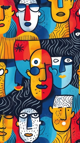 Colorful abstract faces pattern, stylized crowd, urban style, vibrant background