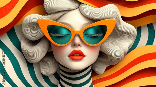 Stylized Female Portrait with Orange Cat Eye Sunglasses and Swirling Stripes