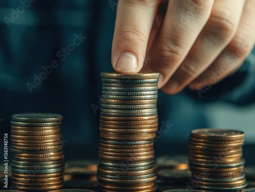 Money Awareness Global Concept, A person stacking coins into neat piles, symbolizing financial awareness and budgeting, high detail, soft lighting