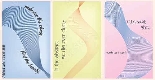 Abstract line wave poster background vector set. Minimalist cover template with vibrant perspective line wave in motion. Ideal design for social media, cover, banner, flyer, music, ads.