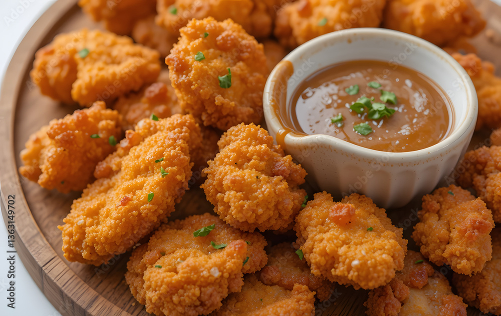 Chicken nuggets arranged on a wooden serving board. Chicken nuggets arranged on a wooden serving board.