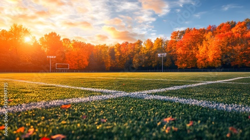 A football field being prepared with eco-friendly, non-toxic chalk-based paint for its markings, set against a vibrant autumn background