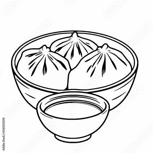  black outline vector of xiao long bao soup dumplings with dipping sauce