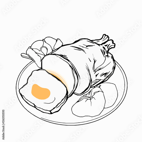 black outline vector of Peking duck served with pancakes and hoisin sauce