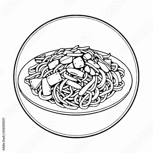 black outline vector of chow mein stir-fried noodles with vegetables and meat