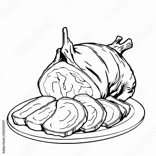 black outline vector of Peking duck with crispy skin and sliced meat