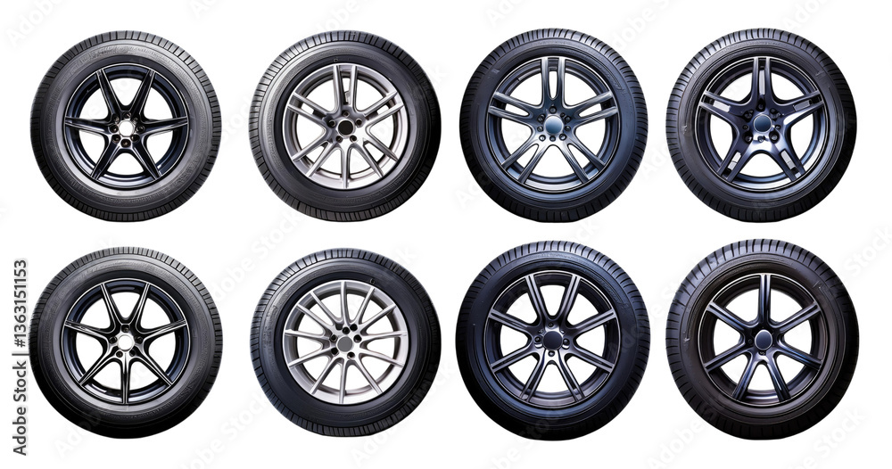Collection of Various Car Tires and Rims in Different Designs, PNG bundle collection, Isolated on Transparent Background Collection of Various Car Tires and Rims in Different Designs, PNG bundle collection, Isolated on Transparent Background